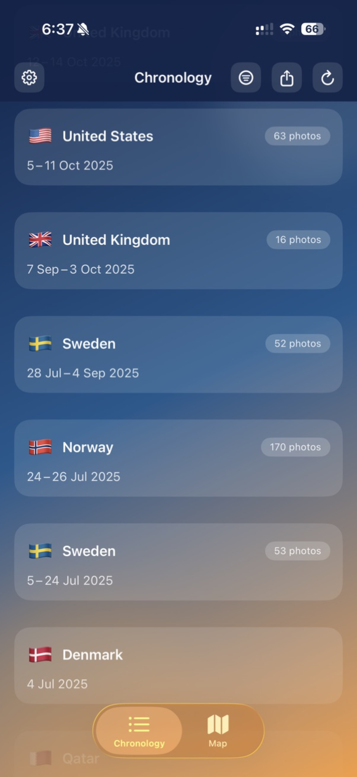 ChronicleShot chronology view with countries, travel dates, and photo totals