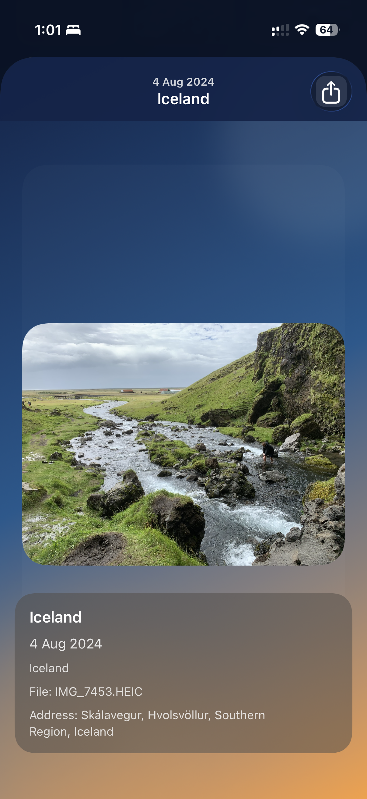 ChronicleShot photo detail view showing Iceland image metadata and location